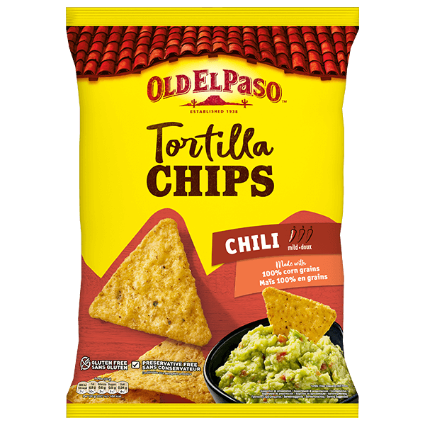 una confezione di patatine Old El Paso Chips chili, 185 g